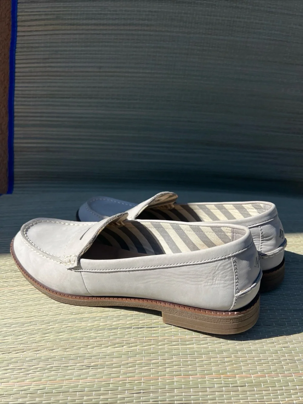 Sperry Light Gray Suede Penny Loafers with Brown Sole